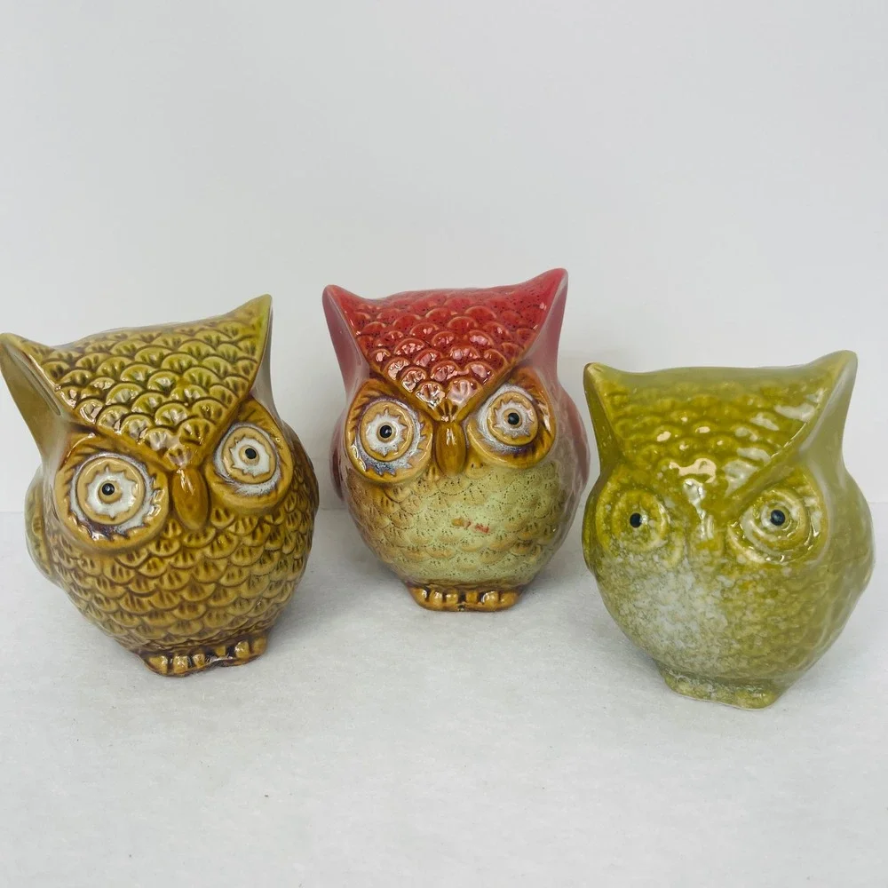 Vintage Style Ceramic Owl Figurines Set of 3 Retro Glaze Bird Yellow Red Green